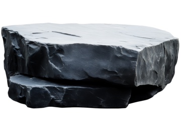 A rough textured dark grey stone block with sharp edges isolated on transparent background