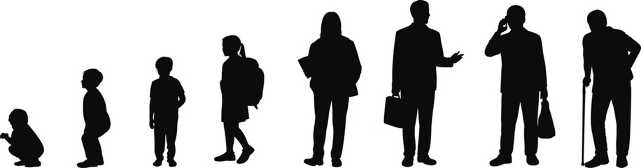 Silhouette of human life stages from childhood to old age, growth progression, aging process, diverse ages, black vector illustration