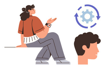 Young woman gesturing while seated, male profile, and rotating gear icon with arrows. Ideal for brainstorming, teamwork, communication, innovation, creative thinking, collaboration career growth