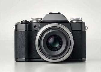 Modern black digital camera with silver lens ring