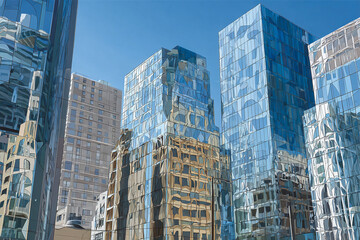 Modern skyscrapers with reflective glass facades under clear blue sky  