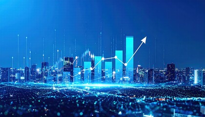 Digital Data Stream Pours Into Stacked Bars And Line Chart Over Cityscape Against Corporate Blue Background