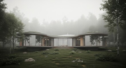 Fototapeta premium Modern Single Story House Surrounded by Trees in Foggy Forest Setting