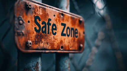 Rusted “Safe Zone” Sign on Fence – Security Concept
