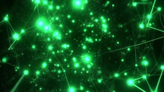 animated green abstract fractal plexus pattern on black background loop, technology internet network connection with polygons, dots and lines in the slow motion