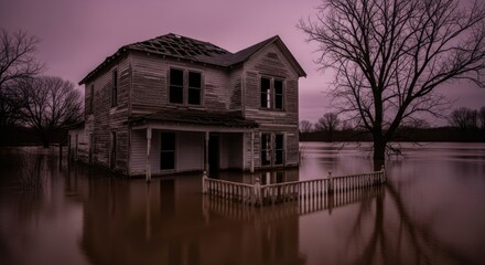 Old Wooden House Surrounded by Floodwater Under Pink Sky During Sunset