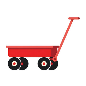 Illustration of a classic red wagon with a long handle and four black wheels, isolated on a transparent background