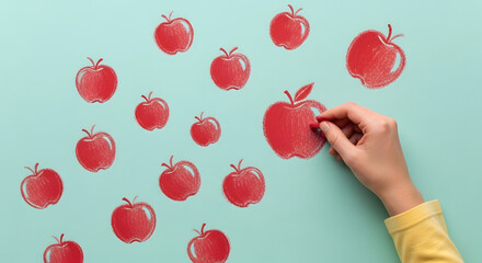 Child s hand placing a red apple sticker onto a light blue wall amongst other apple stickers