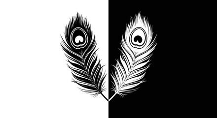 Obraz premium Two Peacock Feathers - Black and White Contrast, Detailed Plumage, Elegant Design.