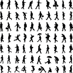 Silhouettes of people walking, running, sitting, and carrying briefcases, various poses and actions, black vector isolated on white background