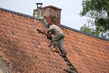 Sihouette of man repairs the roof tiles in background. © Iwona