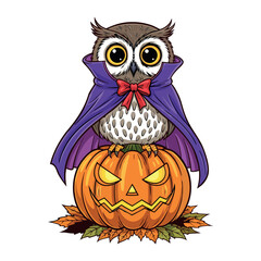 Adorable Cartoon Owl in a Dracula Cape and Bowtie on a Jack-o'-Lantern - Isolated Vector Illustration