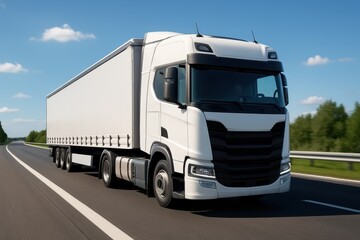 Commercial transport vehicle navigating scenic highway during optimal driving conditions