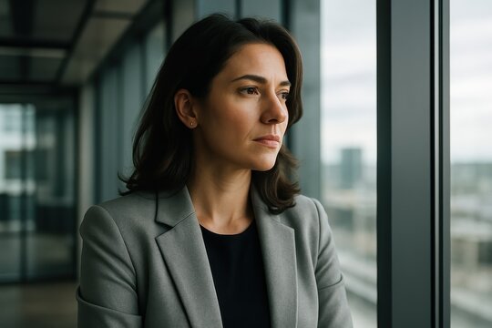 Contemplative young professional woman gazing thoughtfully out office window during decision-making moment