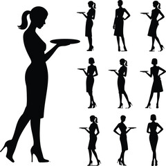 Silhouettes of waitresses holding trays, standing in various poses, black vector illustration, isolated on white background, service concept