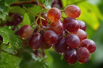Fototapeta premium Dew-Kissed Grapes: Plump and Juicy Cluster on Lush Green Vines