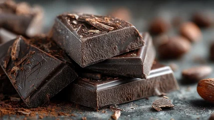 Poster Restaurant Macro shot of crushed dark chocolate on stone surface with fine texture and visible cocoa chunks suitable for dessert styling or gourmet food  close up  © Sardar