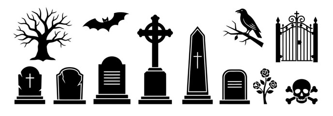 Halloween icon set with gravestones, bats, and eerie elements  