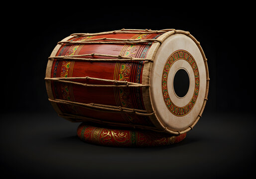 Beautiful indian mridangam drum with intricate carvings on a dark background stage