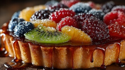 Macro shot of fresh fruit tart with glossy glaze and vibrant colors captured under soft light perfect for dessert  or bakery product close up visuals