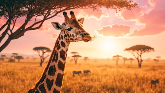 Portrait of a majestic giraffe in the African savanna during a spectacular golden sunset.
A stunning close-up portrait of a giraffe in its natural habitat, enjoying some vegetation in the warm light o - Powered by Adobe