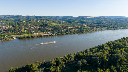 Danube River Navigation Through Scenic Residential Landscape (Novi Sad, Serbia)