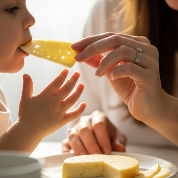 A heartwarming, intimate shot of a mother's hand feeding her daughter a slice of kashar cheese during breakfast 32