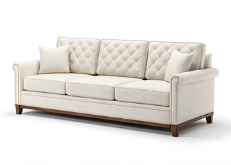 Fototapeta premium Elegant tufted cream sofa with decorative wood trim