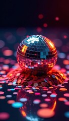 Fototapeta premium Confetti mound surrounding a glittering disco ball on a table, disco ball, sparkly decoration, festive decor