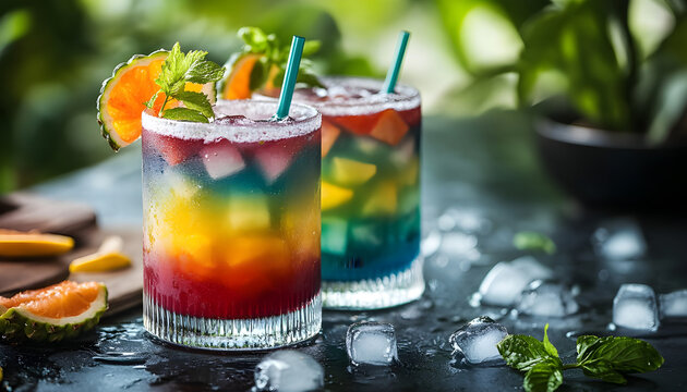 Vibrant layered cocktails with colorful fruit garnishes, ice create festive atmosphere. Perfect for celebrations, parties, relaxing summer days