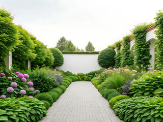 Naklejka premium Beautifully manicured garden path with lush greenery and flowering plants