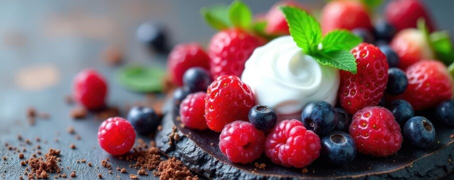 Fresh mixed berries with mint leaves and cream , Cream, Juicy, Spremuto