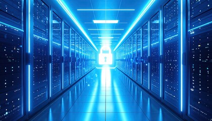 Luminous Blue Data Center Interior Depicting Digital Privacy and Security Concept with Glowing Lock Icon