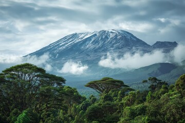 Fototapeta premium Majestic Kilimanjaro Summit Emerging from Foggy Skies with Verdant Slopes, Panoramic View of African Landmark
