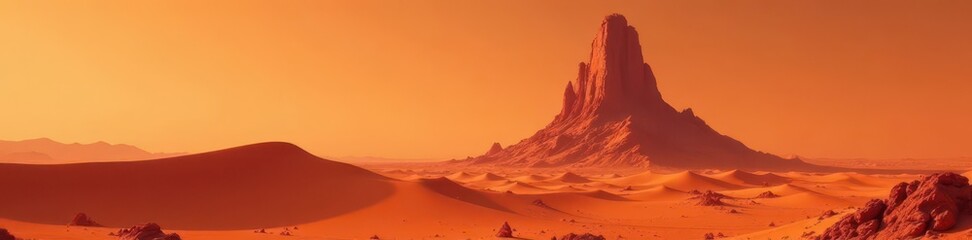 Naklejka premium Towering crimson peak stands isolated in vast Martian dunes, mountain,
