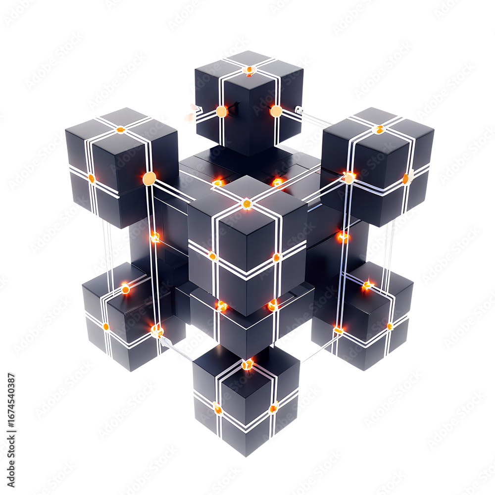 Wall mural complex structure of black interconnected cubes with glowing orange lines representing data flow and