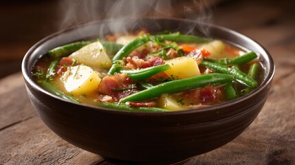 Close-up bowl of Bouneschlupp soup with green beans and potatoes steaming hot.