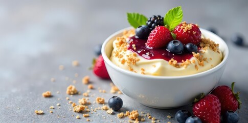 Creamy yogurt with berry compote and granola topping , yogurt, food