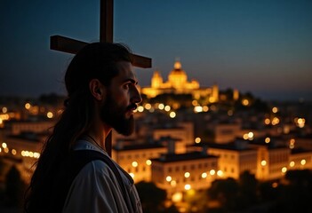 Fototapeta premium A silhouette of Jesus Christ is softly illuminated by twilight, with a peaceful Jerusalem skyline in the background, evoking reflection and spirituality Generative AI