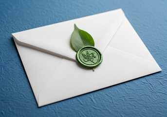 White Envelope with Green Leaf and Wax Seal on Blue Textured Background 