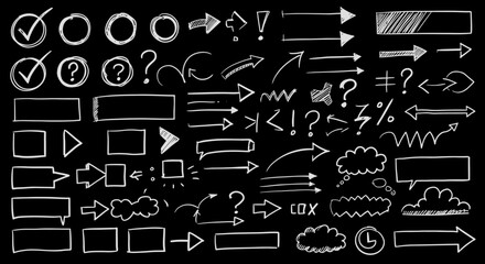 Collection of Hand Drawn Arrows Rectangles Question Marks Circles and Checkmarks in White on Black Background