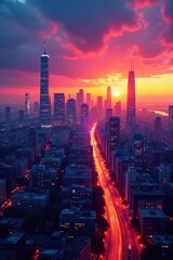 Fototapeta premium Abstract cityscape at sunset with skyscrapers and city lights, urban, architecture