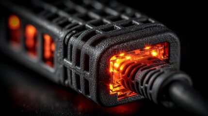 Macro shot of LAN port with cable plugged in showing tight connection and status LED glow for internet access hardware or home network installation