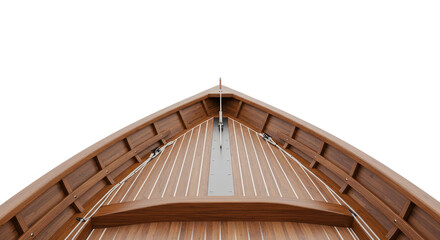 Wooden boat bow on white background, boat front view with wooden deck and white details, front view of a boat