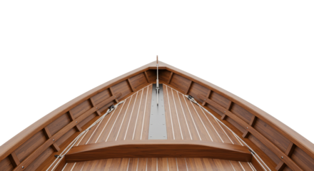 Wooden boat bow on white background, boat front view with wooden deck and white details, front view of a boat