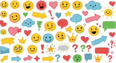 Collection of Hand Drawn Emoticons And Symbols With Colorful And Joyful Designs Evoking Positive Emotions And Communication