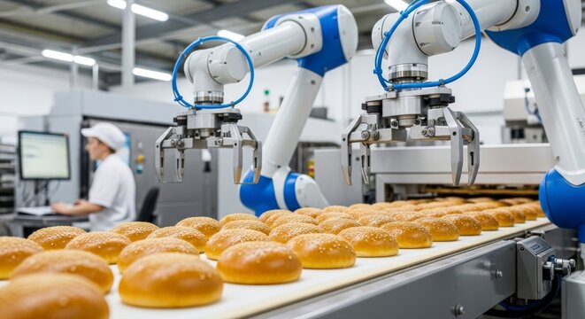 Automated Robotic Arms Working on a Conveyor Belt with Bread Buns in a Modern Food Factory