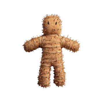 Gothic voodoo doll pierced with pins in eerie atmosphere on transparent background