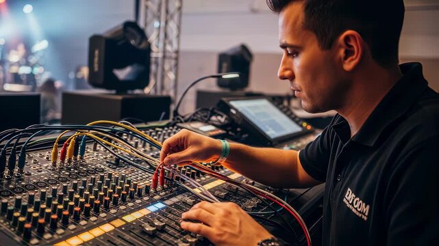 Overtheshoulder shot of a sound technician arranging patchbay connections on a multichannel audio mixer during event setup.