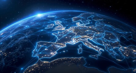 Obraz premium Illuminated Europe Map with Network Connections Against Starry Background